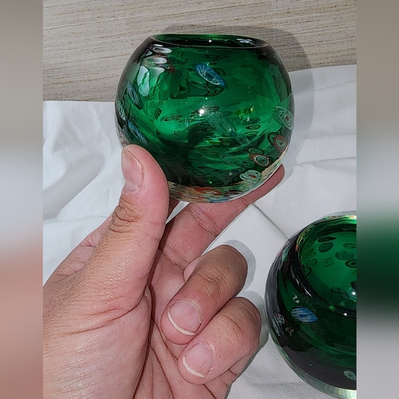 Set of 2 Vintage Blow Art Glass Millefiori Green Votives - Picture 3 of 7